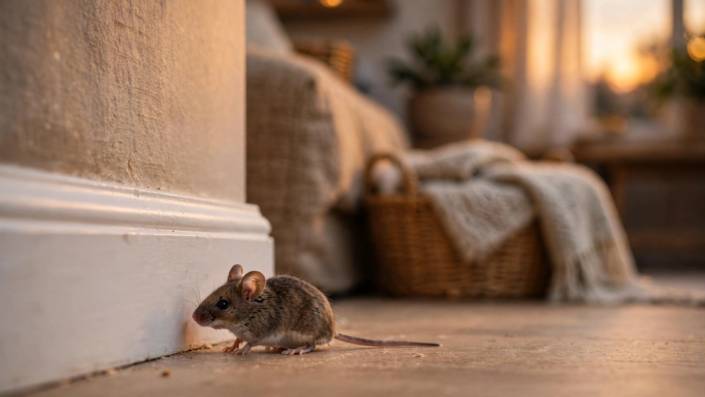 House mouse near a wall baseboard inside a home