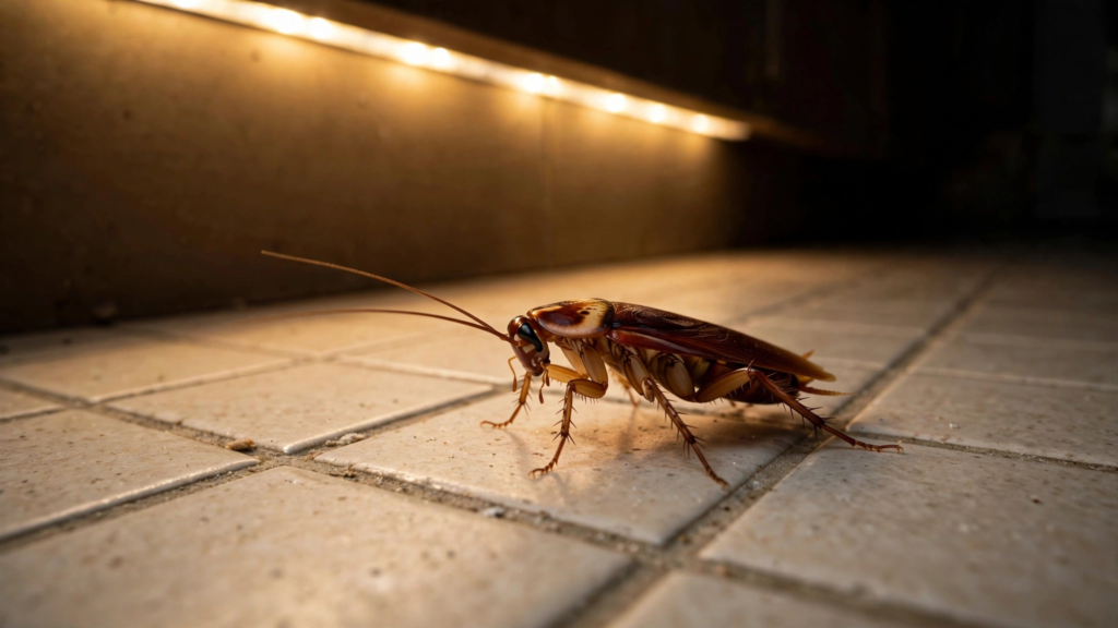 Single cockroach on a kitchen floor tile at night