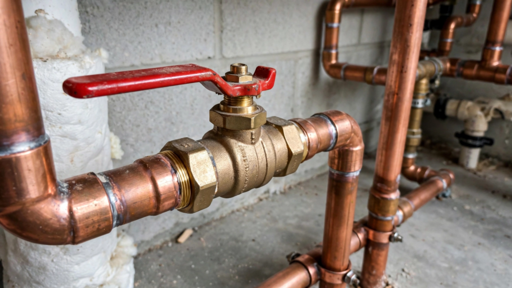 Brass main water shutoff valve on copper pipes