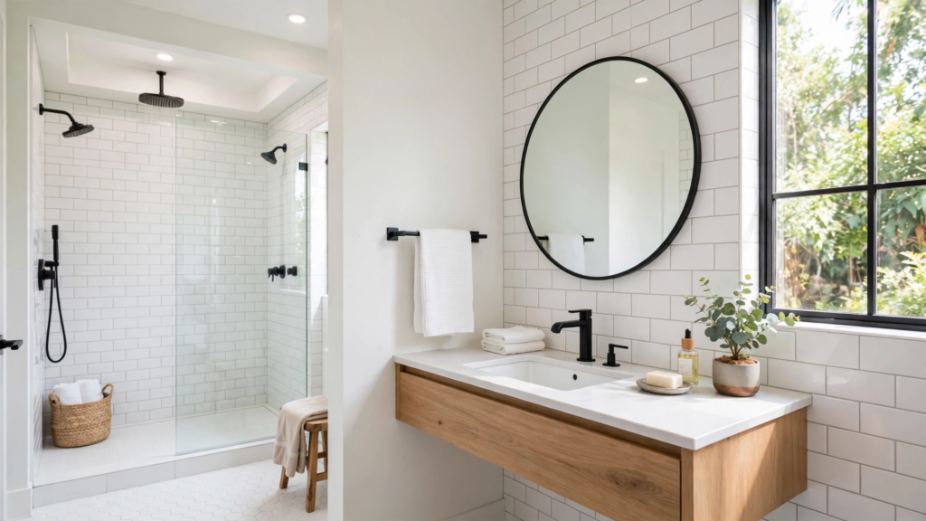 Clean modern bathroom with white tiles