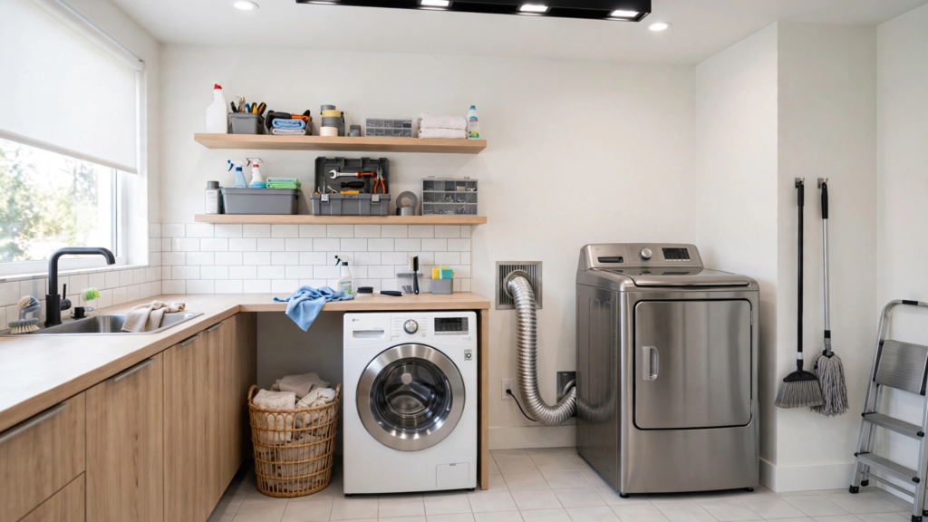 Modern laundry room with clothes dryer and vent hose