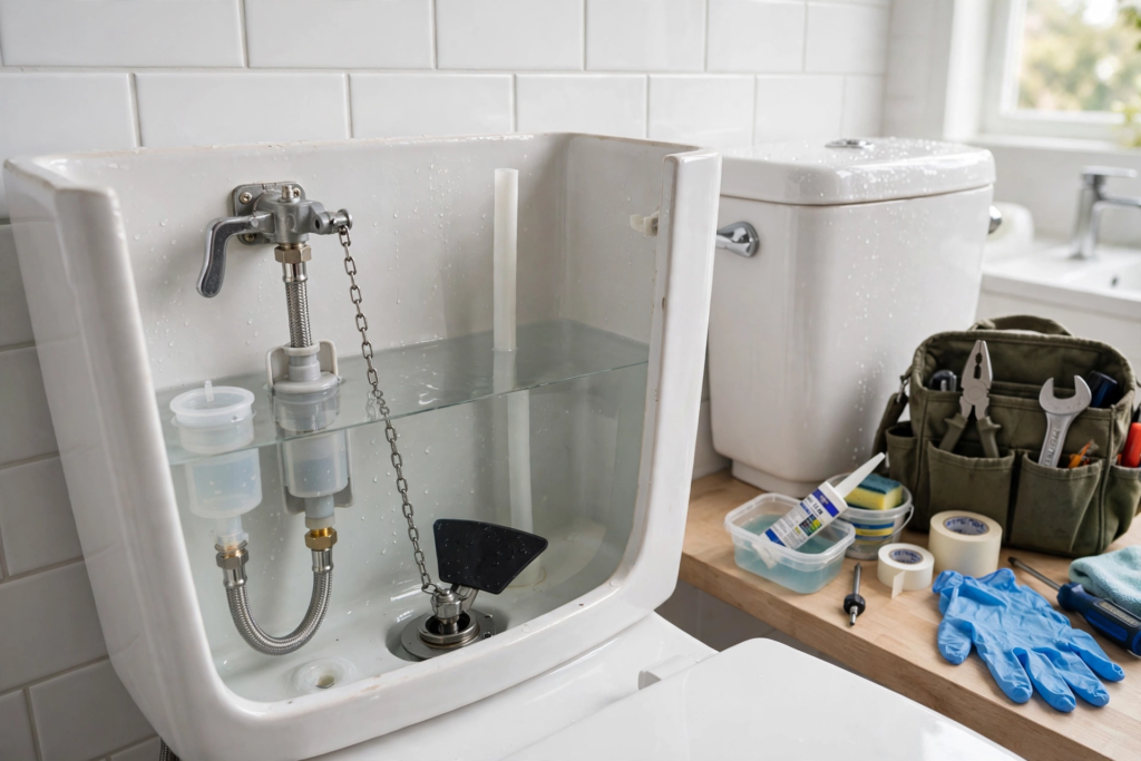 Open toilet tank showing flapper and fill valve mechanism
