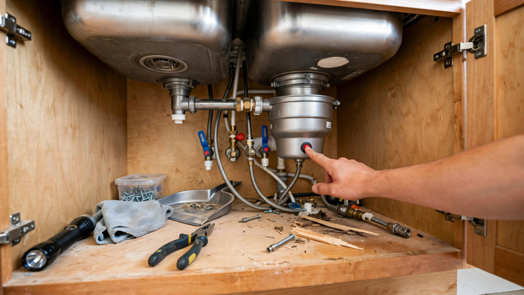 Hand pressing the red reset button under a kitchen sink