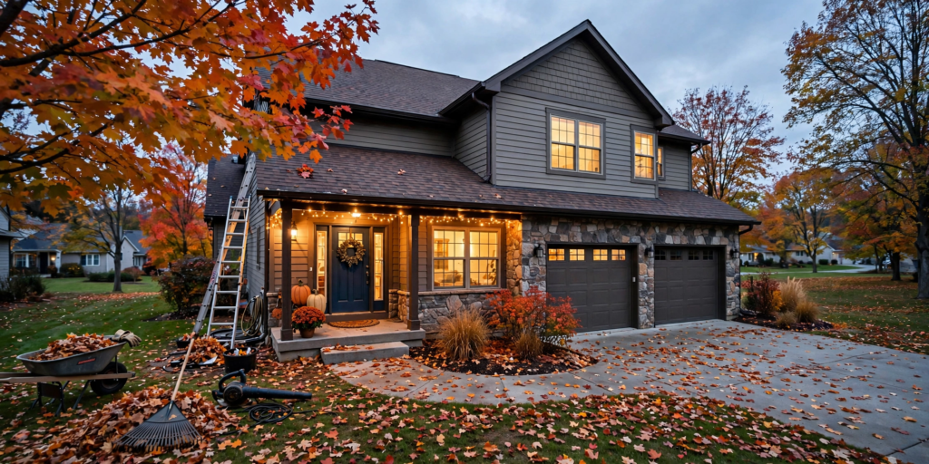 Suburban house exterior in autumn with fall leaves