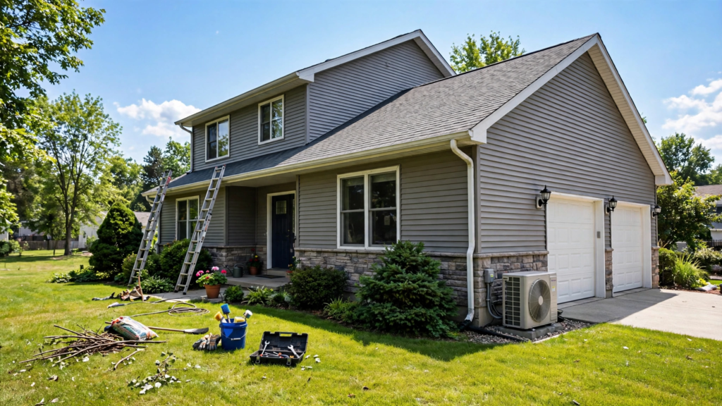 Suburban house on a sunny summer day with air conditioner unit