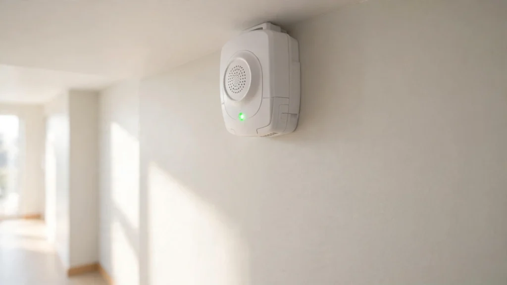 White carbon monoxide detector mounted on a hallway wall with a green indicator light