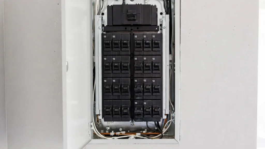 Residential electrical breaker panel with rows of black circuit breaker switches on a wall