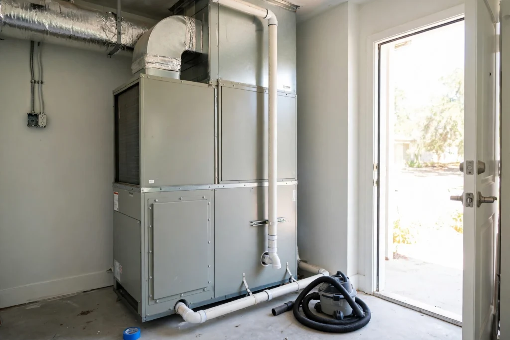HVAC air handler with PVC condensate drain line and wet-dry vacuum in a utility closet