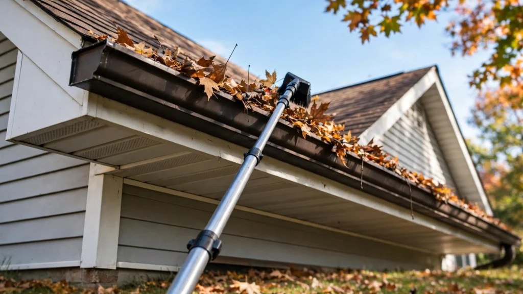 Extension cleaning pole reaching up to a house gutter for safe ladder-free gutter cleaning