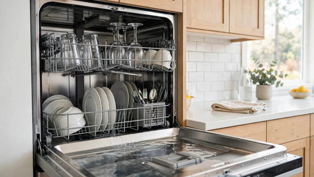Open dishwasher with standing water not draining and dishes on the racks