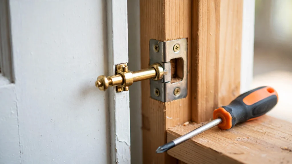 Close-up of a door latch bolt and strike plate on a wooden door frame during repair