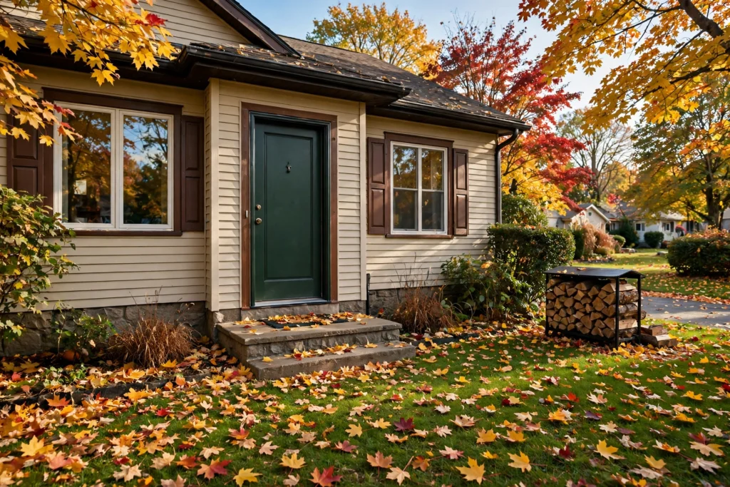 House exterior in autumn with firewood stacked away from the home for fall pest prevention
