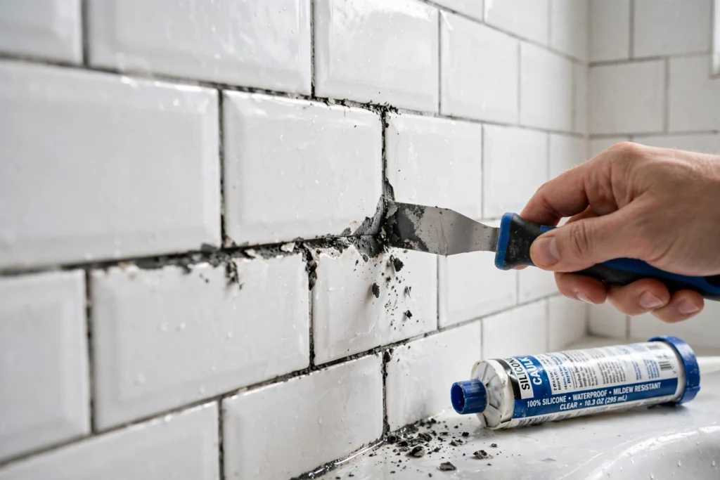 Shower wall tiles with old grout being scraped out and silicone caulk tube nearby