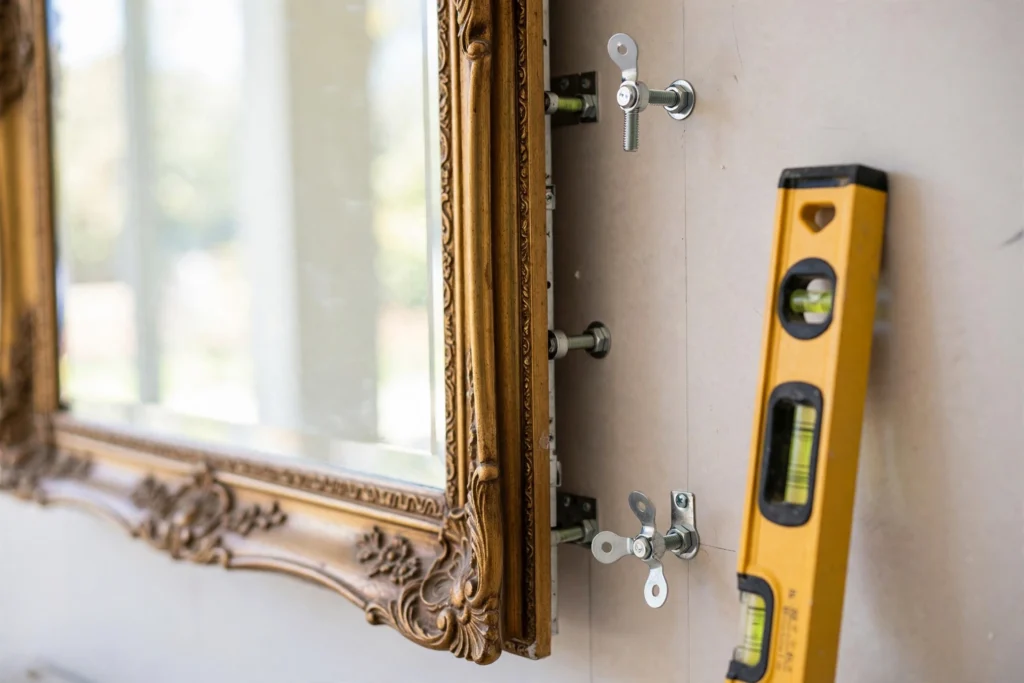 Large wall mirror being mounted with toggle bolt anchors and a level tool against the wall