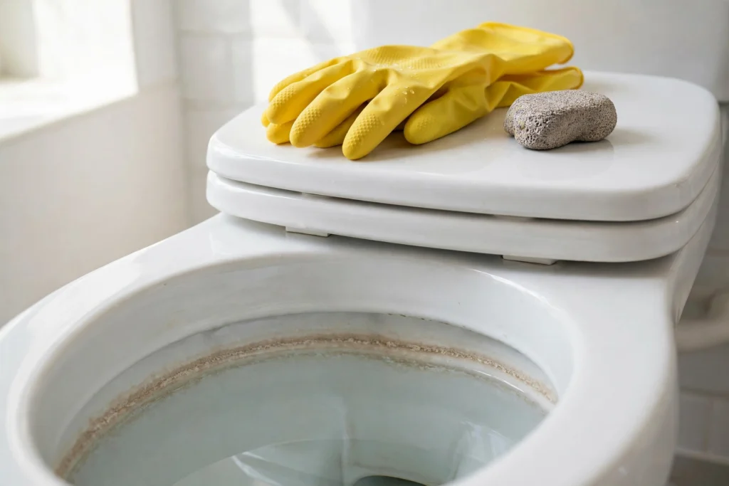 Toilet bowl with hard water mineral ring stain, pumice stone and gloves nearby