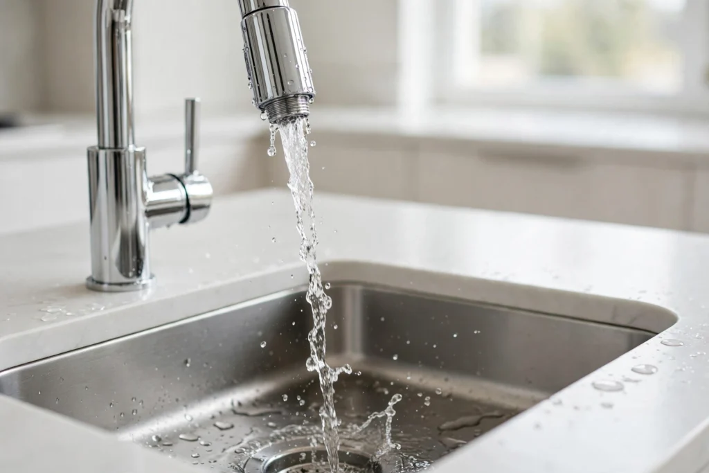 Kitchen faucet running water, close-up of the aerator for fixing low water pressure