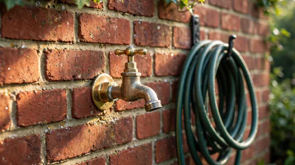 Leaky outdoor faucet (hose bib) mounted on a brick house wall with a coiled garden hose nearby