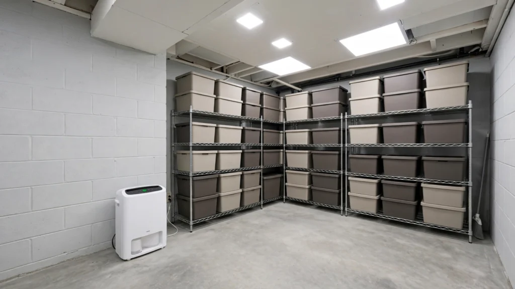 Clean organized basement with a dehumidifier running to prevent musty smell