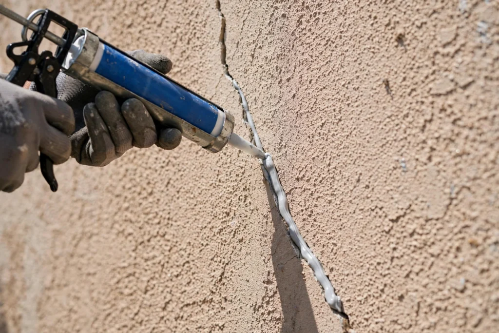 Stucco house exterior wall with a thin crack being sealed with a caulk gun
