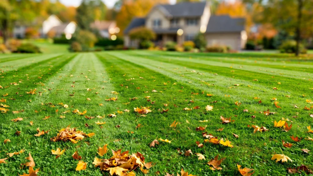 Lush green autumn lawn with scattered fallen leaves, freshly mowed for fall lawn care