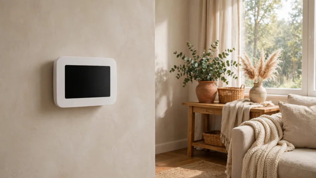 Programmable thermostat on a living room wall in a modern home