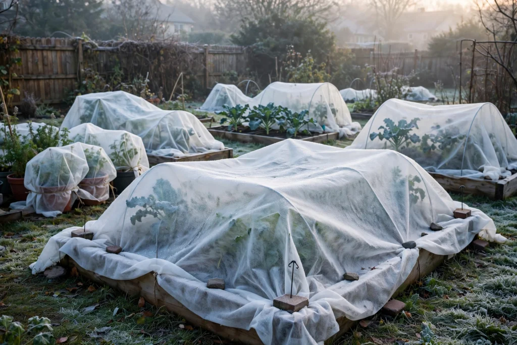 Garden plants covered with white frost protection fabric cloths at dawn