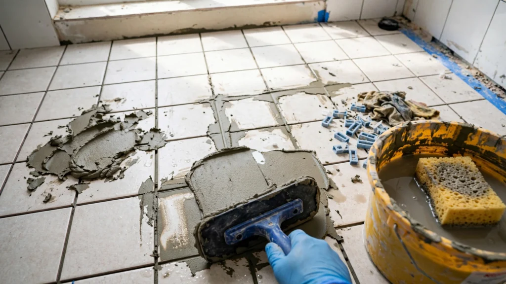 Rubber grout float spreading fresh grout between bathroom floor tiles with bucket and sponge nearby