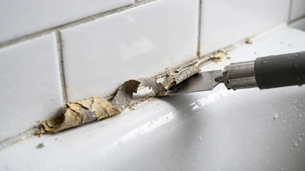 Old caulk being scraped from the edge of a white bathtub with a caulk removal tool