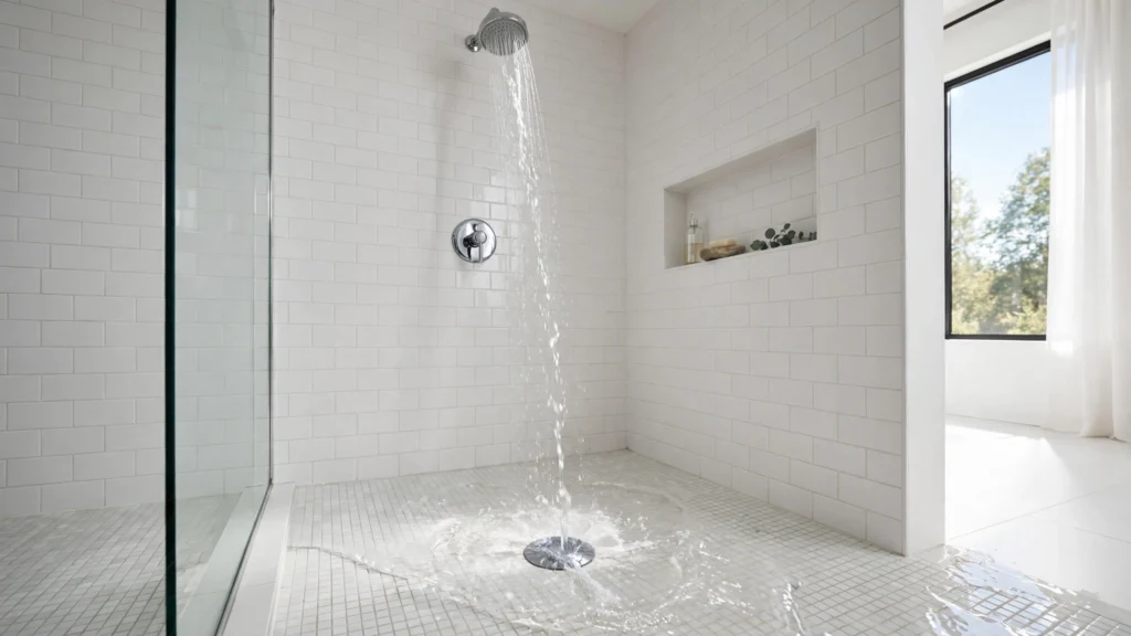 Shower drain in a modern walk-in shower with water flowing toward it