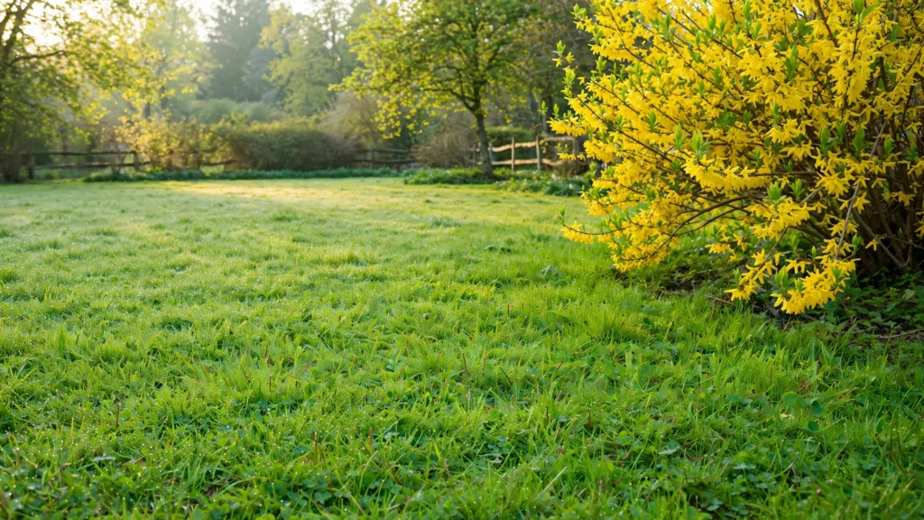 Green spring lawn with flowering forsythia bush, spring lawn care season