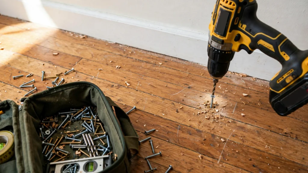 Hardwood floor close-up with a drill driving a repair screw near the wall