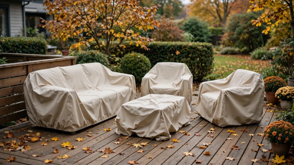 Patio furniture set covered with protective covers on a deck for winter storage