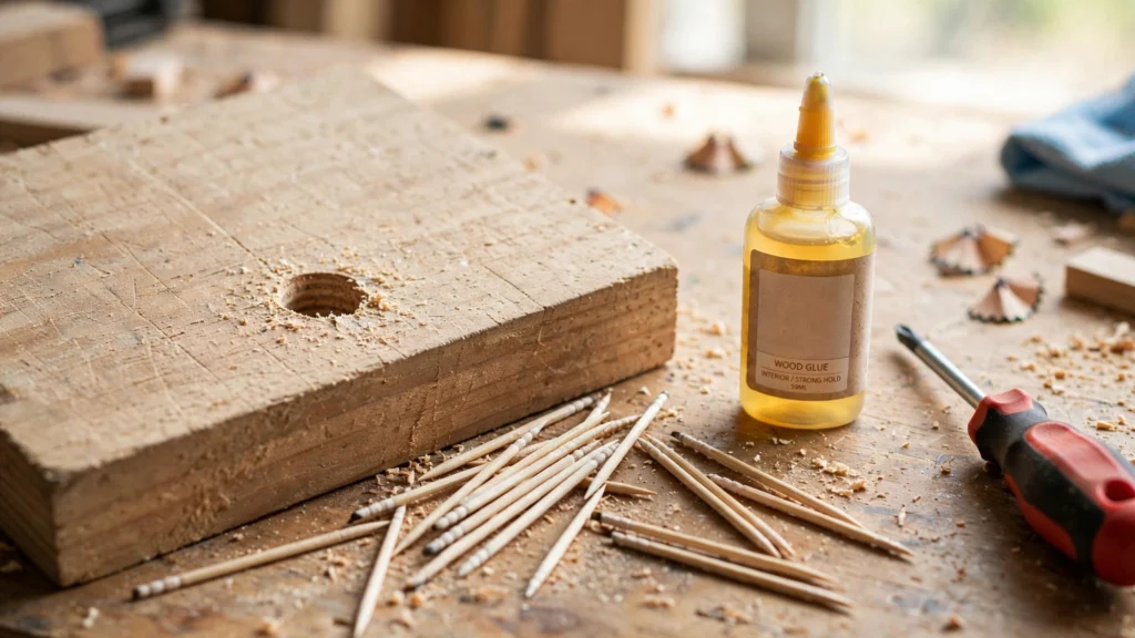 Wooden board with drilled hole, toothpicks, wood glue bottle and screwdriver for stripped screw repair
