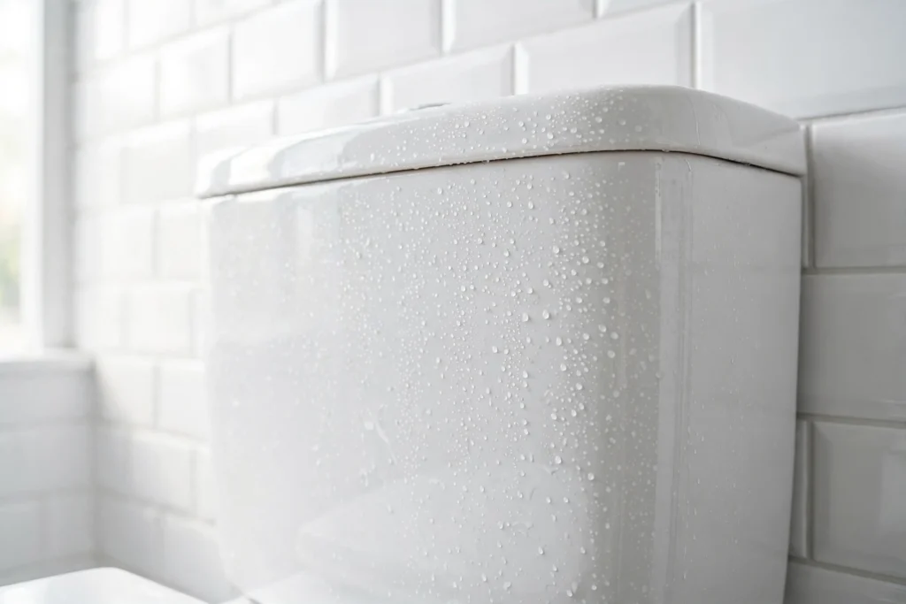 White toilet tank with condensation droplets sweating in a bright bathroom