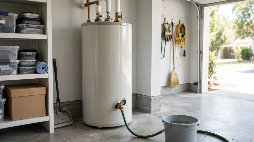 Water heater tank with garden hose attached to the drain valve for flushing sediment