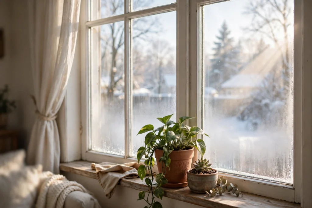 Living room window with condensation in winter and sunlight streaming through