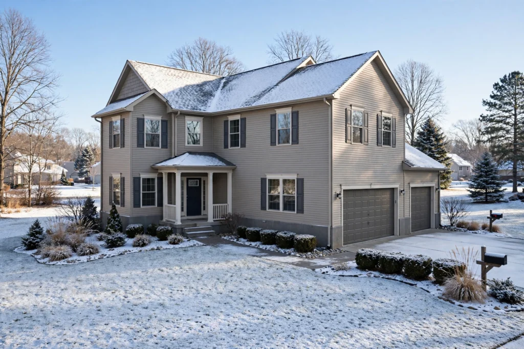 Suburban house in winter with snow, sealed against mice and overwintering pests