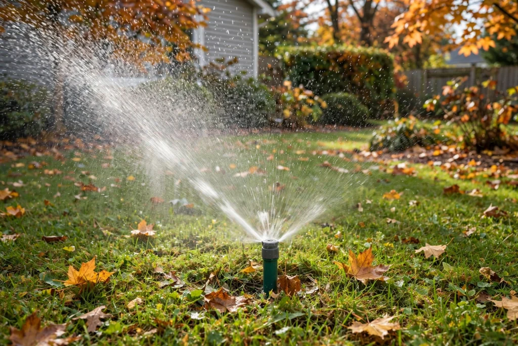Sprinkler head spraying water in an autumn yard before winter blowout winterization