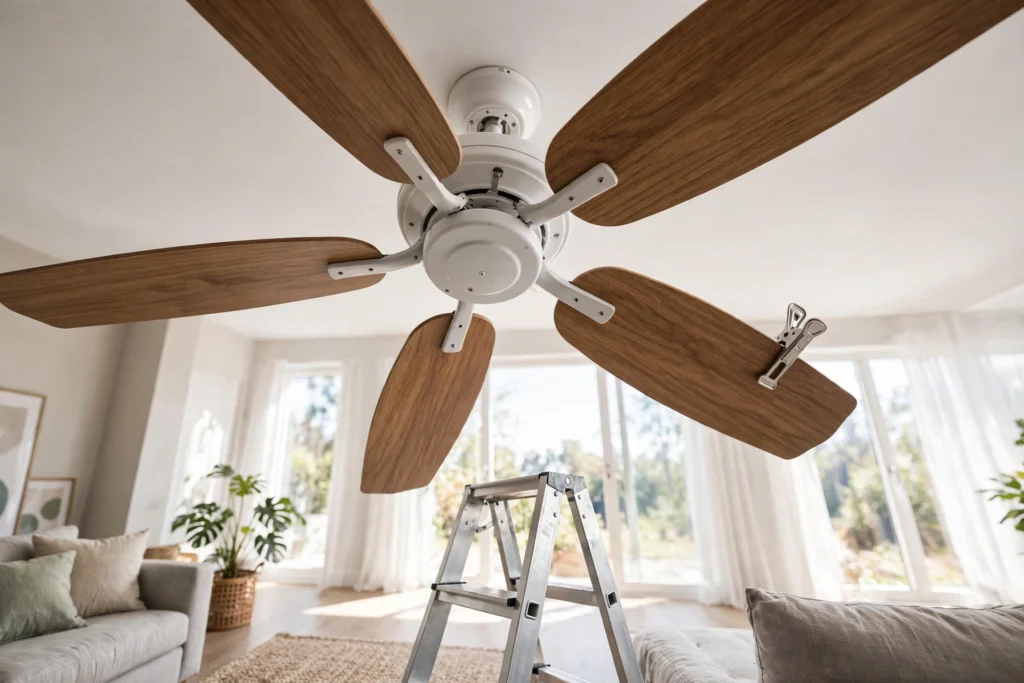 Ceiling fan viewed from below with a balancing clip on one blade and a stepladder beneath