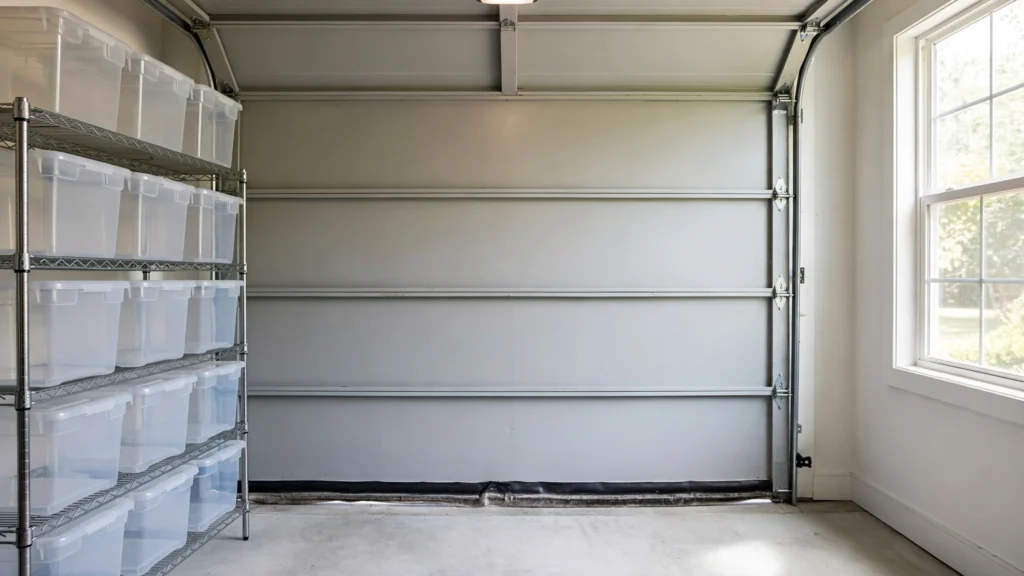 Tidy garage interior with sealed plastic storage bins on metal shelving and a rubber weather seal along the garage door