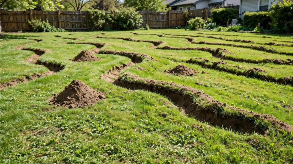Green lawn with raised mole tunnels and cone-shaped molehills of fresh soil