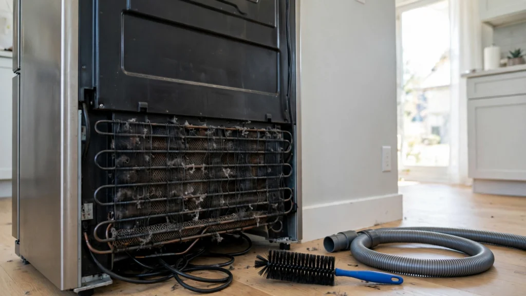 Back of a refrigerator pulled from the wall showing condenser coils with a cleaning brush and vacuum nearby