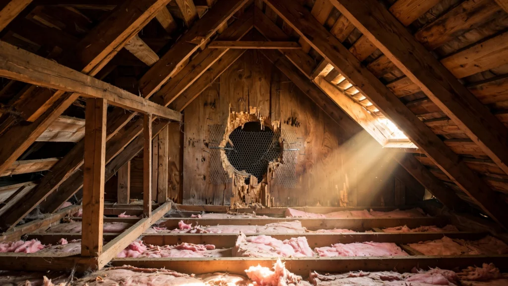 Attic interior with wooden beams and a chewed entry hole covered with wire mesh hardware cloth