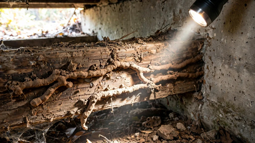 Close-up of termite mud tubes on a wooden foundation beam illuminated by a flashlight during a DIY termite inspection