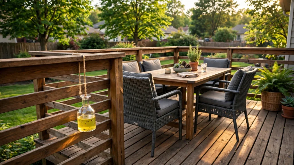 Wooden backyard deck with patio furniture and a hanging glass wasp trap in warm afternoon light